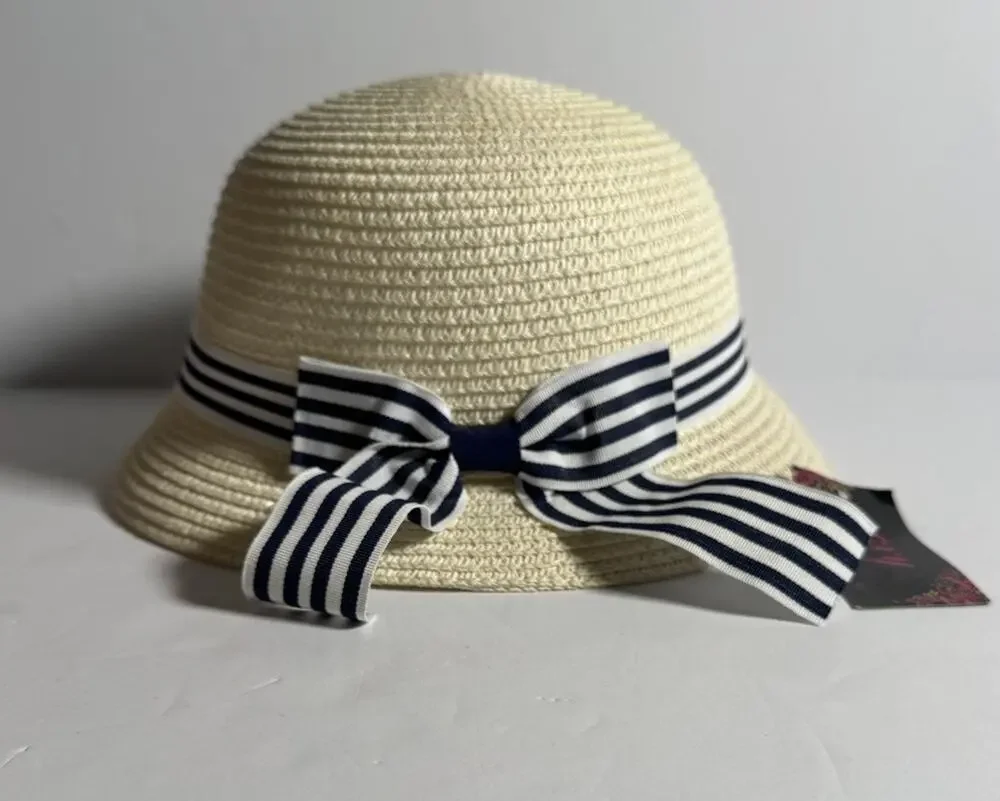 CXY Women’s Straw Sun Hat Cream Navy Striped Bow Cloche Bucket NWT